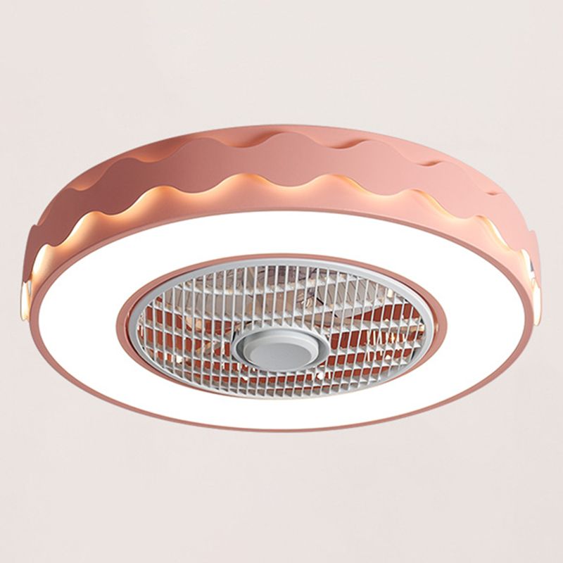 Macaron Drum Shaped Ceiling Fan Metal Child Bedroom LED Semi Flush Light