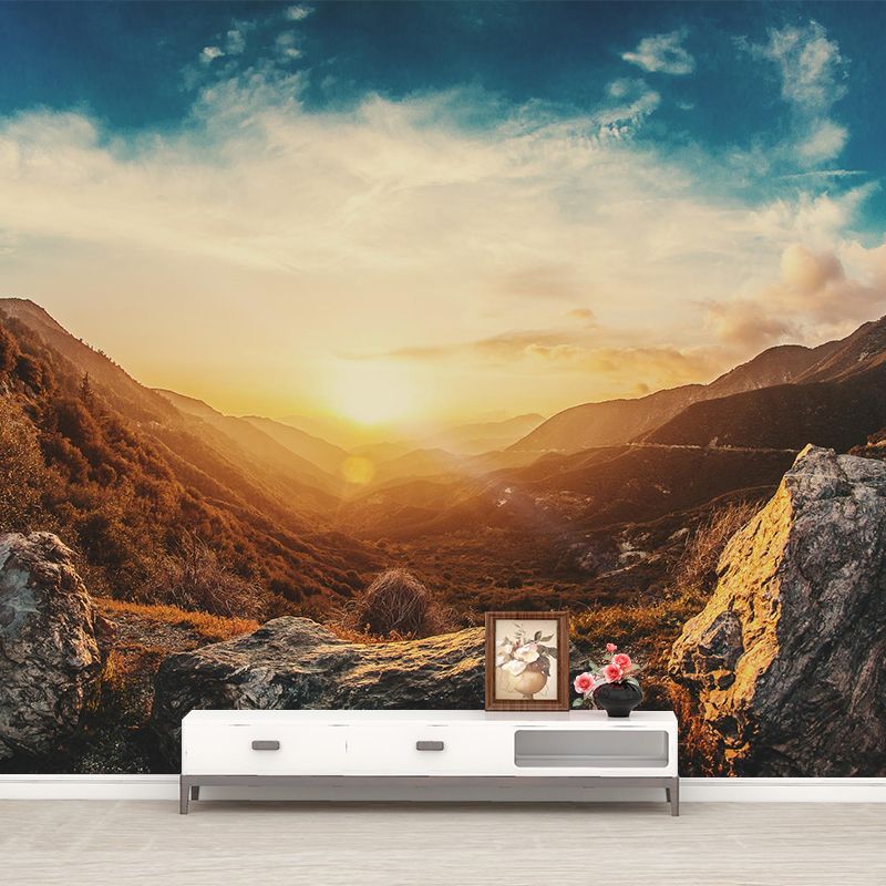 Mountain Sunrise Scenery Mural Contemporary Moisture Resistant Bedroom Wall Covering, Optional Size