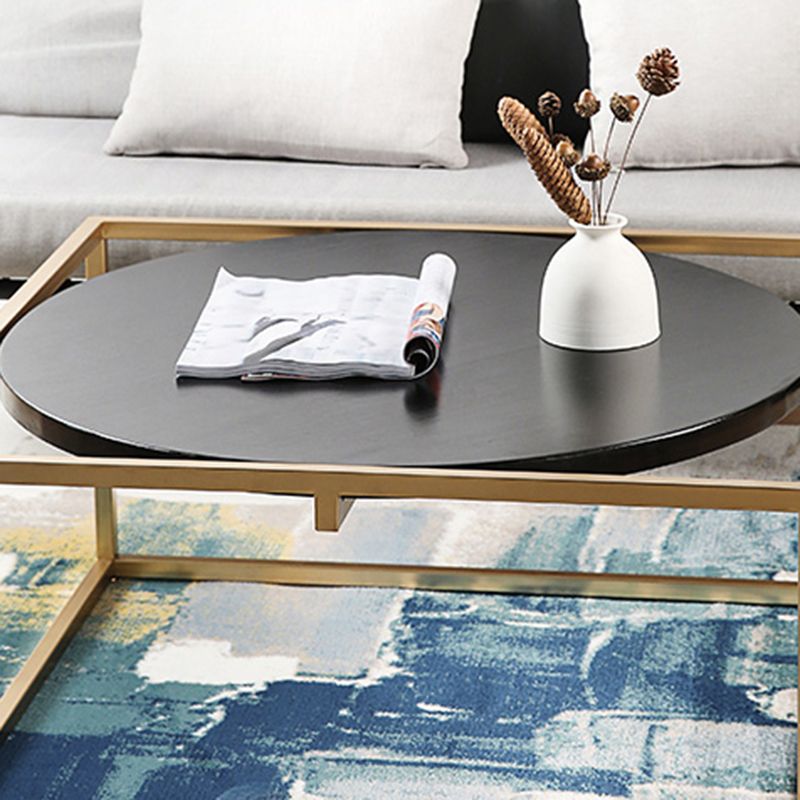 Metal Frame Base Coffee Table Round Solid Wood Cocktail Table in Black