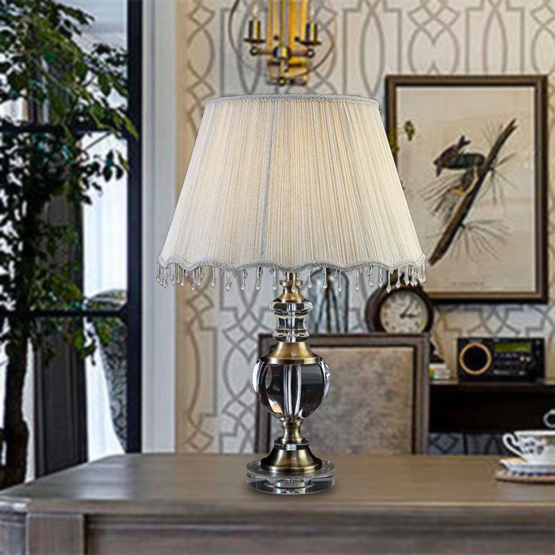 14 "/16" W 1 camera da letto leggera tavolo da notte luce tradizionale crema grigio lampada da comodino in cristallo con tonalità in tessuto cono