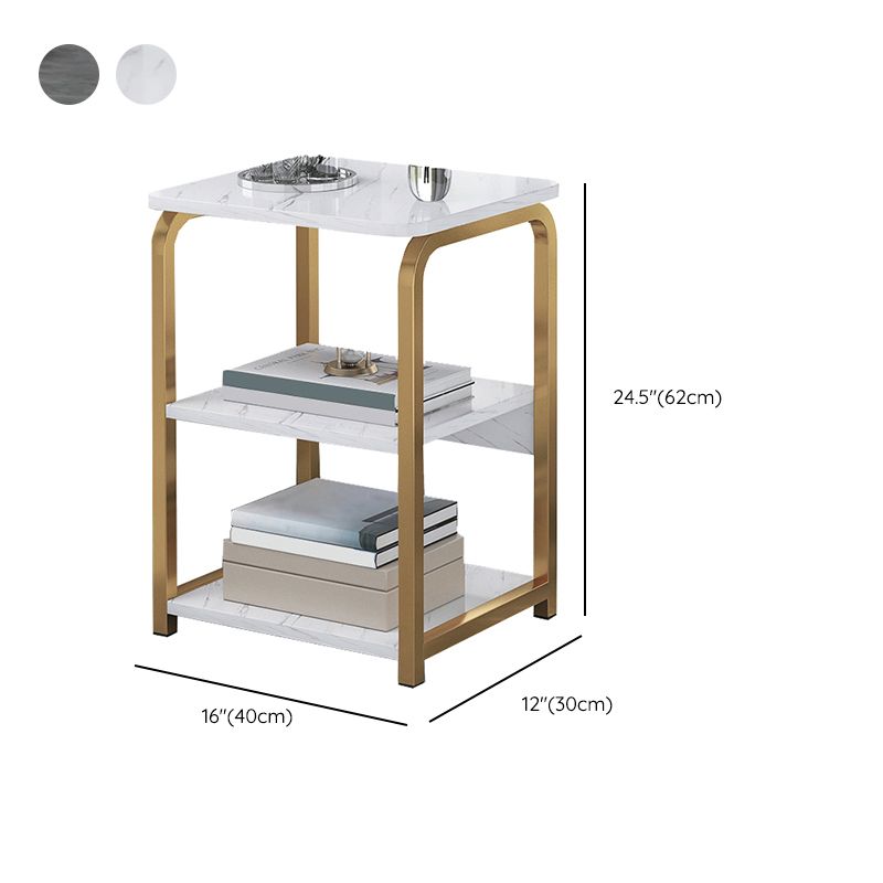 Glam Metal Side Table with Shelves Geometric Stone Top Accent Side Table