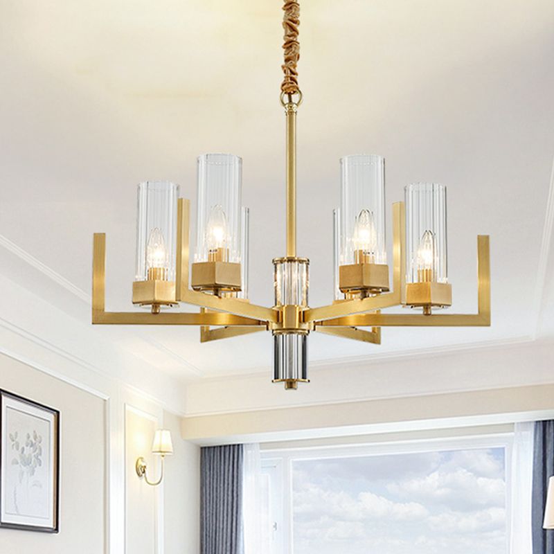 6-Light Clear Glass Chandelier Lamp Colonialism Gold Column Living Room Ceiling Pendant Light