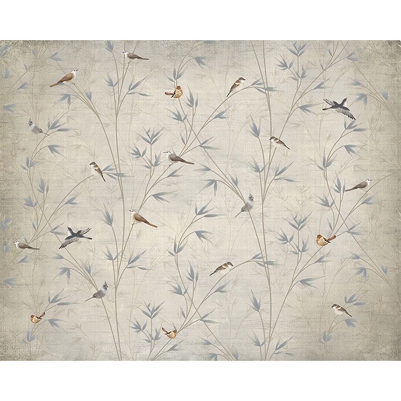 Custom Illustration Chinese Mural Decal with Bird on Bamboo Branch Pattern in Grey-Light Yellow