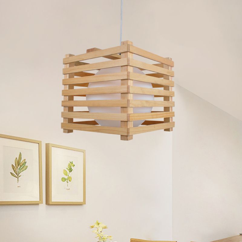 Globe japonés colgante de vidrio blanco 1 kit de lámpara colgante de luz con madera jaula cúbica para comedor