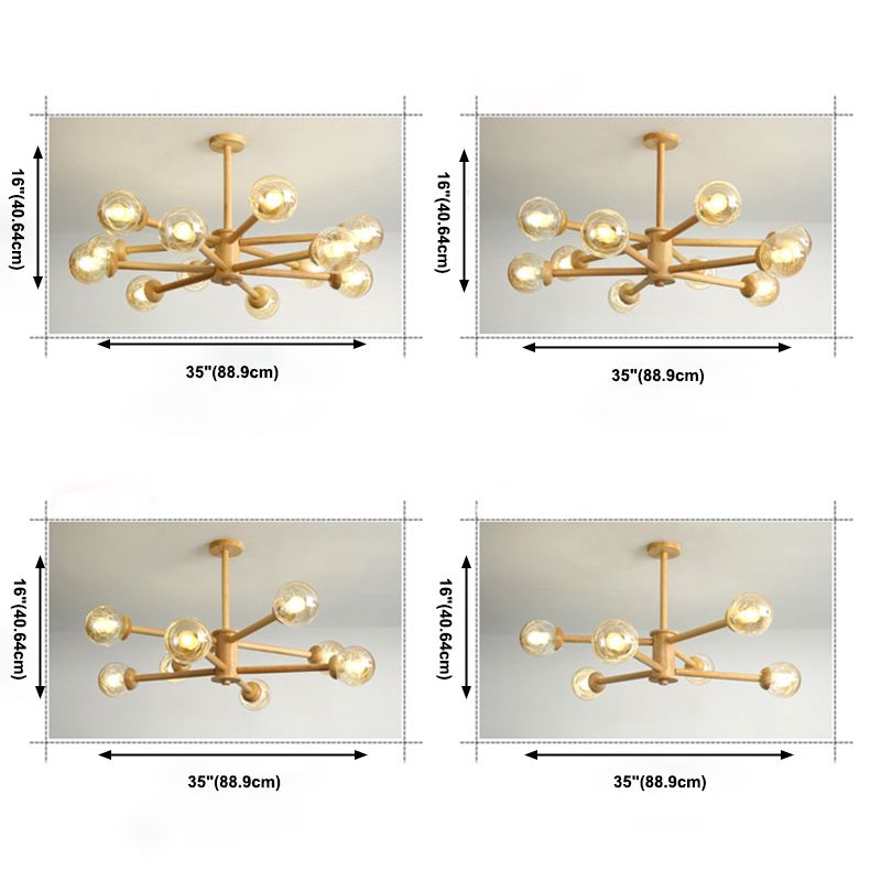 Globe Wood Chandelier Lighting Fixtures Modern Multi-Head Beige Chandelier Lamp with Glass Shade