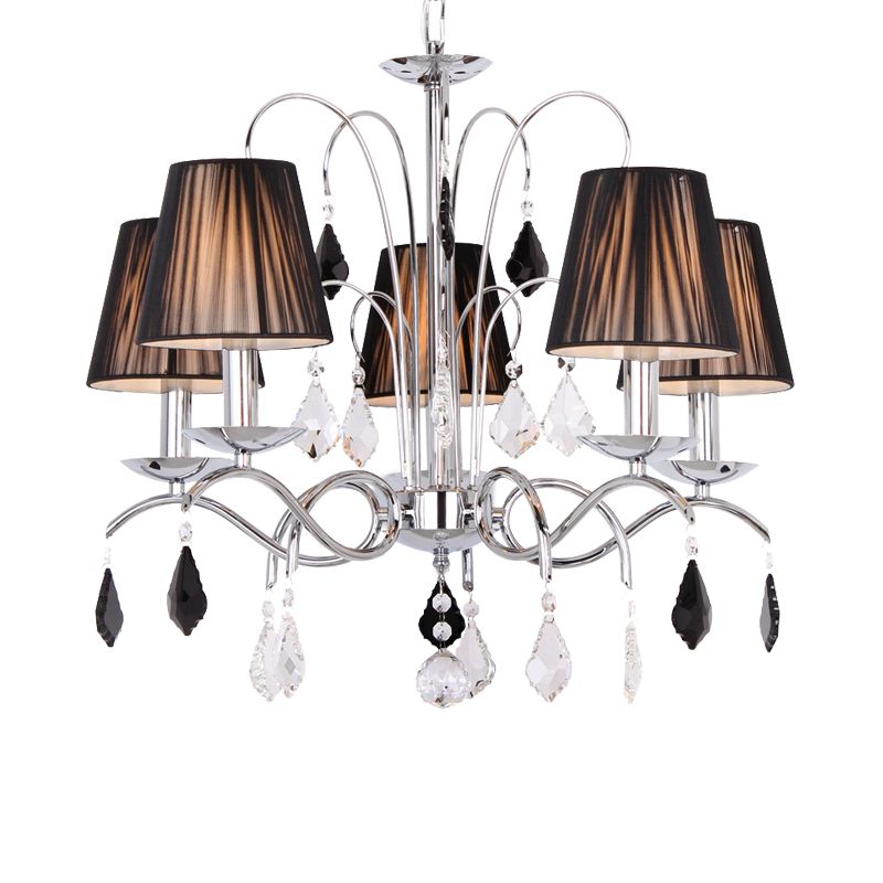 Black 5 Lights Chandelier Light Contemporary Pleated Fabric Barrel Shade Ceiling Light Fixture with Swirled Arm