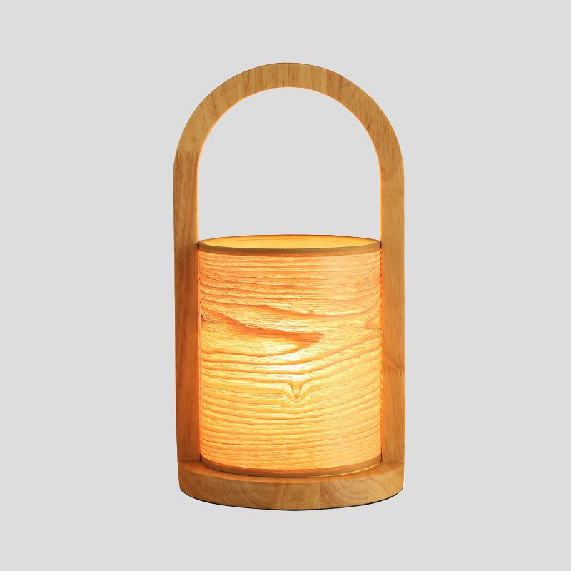 Wood Oval Ring Nightstand Light Modernist 1 Head Night Table Lamp with Tube Shade