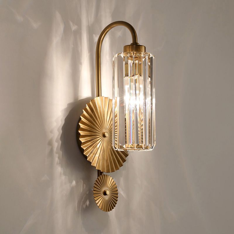 Cylindrical Foyer Wall Lighting Prismatic Crystal 1 Head Postmodern Wall Sconce in Brass