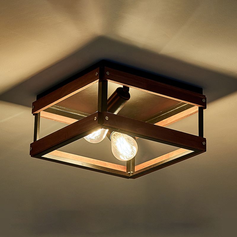 Metal Square Flush Mount Light Industrial 2 Lights Flush Mount Ceiling Fixture in Black