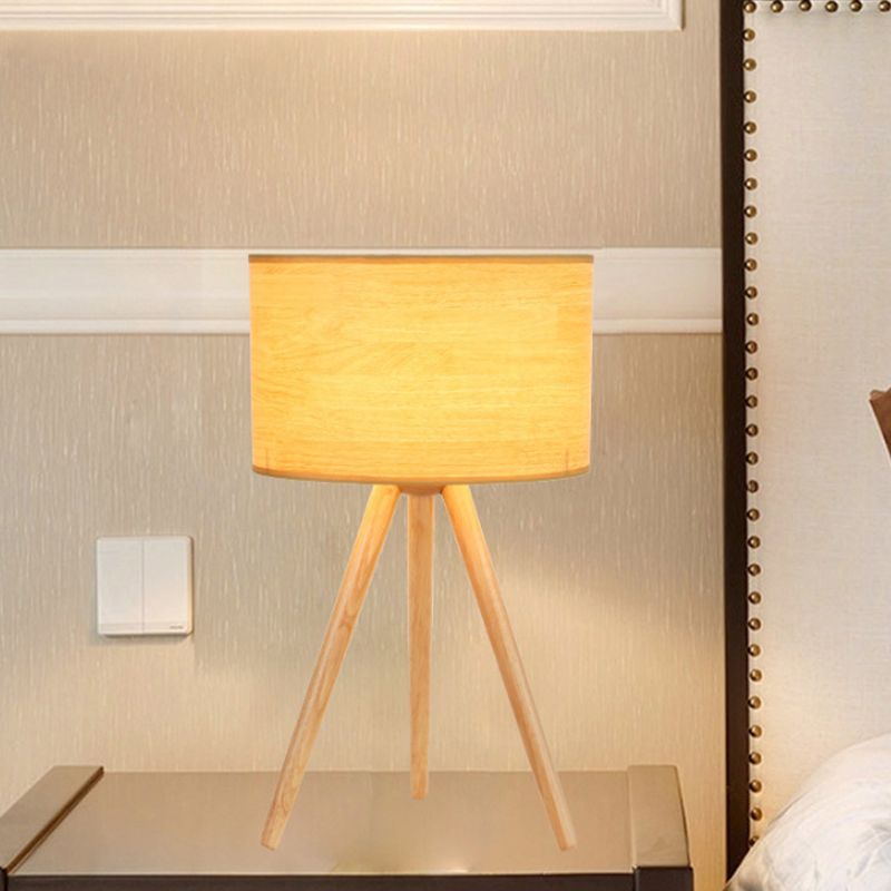 1 Lampen Nachttisch Lampe Minimalist Holzstativ Nachtlicht mit Säulenstoffschatten