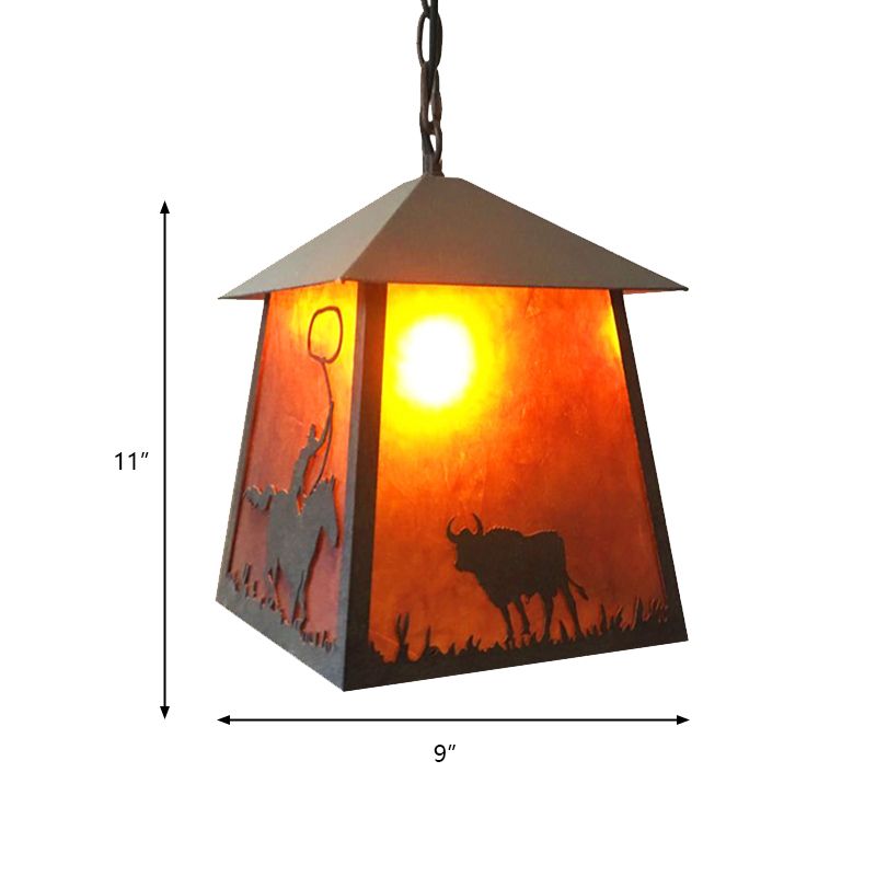Land trapezoid hangend plafondlicht 1 licht metalen hanglampverlichting in roest met dierenpatroon