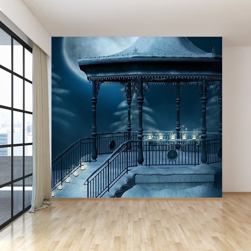 Tranquil Snowy Pavilion Mural Wallpaper for Dining Room Winter Wall Decor, Customised