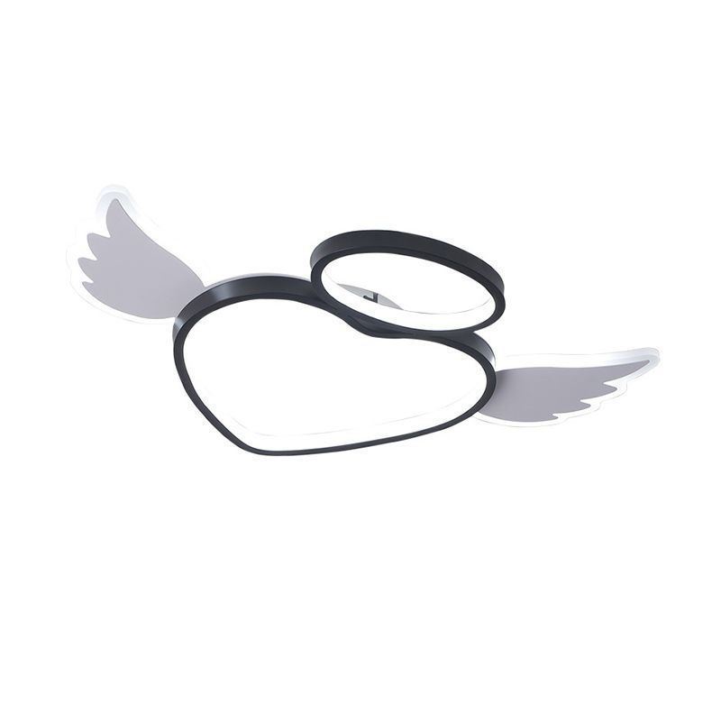 Black Heart with Wing Ceiling Fixture Nordic LED Acrylic Flush Mount Lighting in Warm/White Light for Bedroom