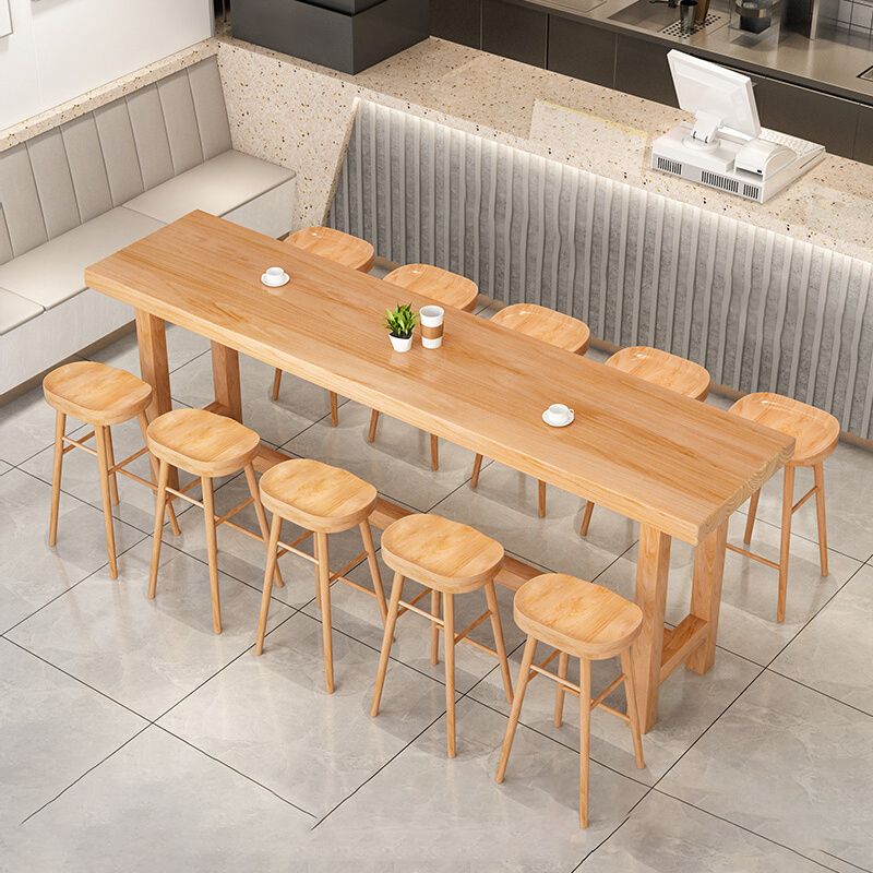 Modern Bar Dining Table Indoor Rectangle Wood Bar Table Trestle Base in Light Brown