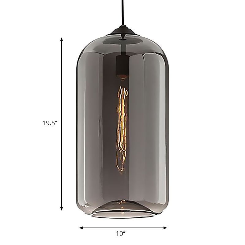 8"/10" Wide Clear/Amber/Smoky Glass Cylindrical Pendant Light Contemporary 1 Light Black Hanging Lamp Fixture