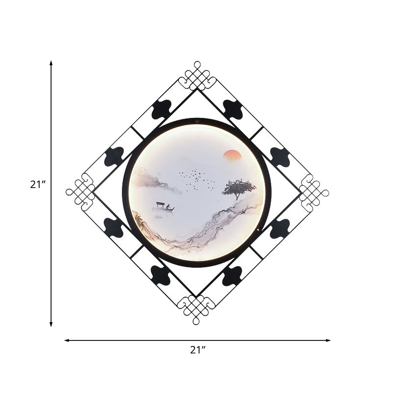 Living Room LED Wall Mural Lighting Chinese Black Wall Mount Fixture with Rhombus Metal Frame