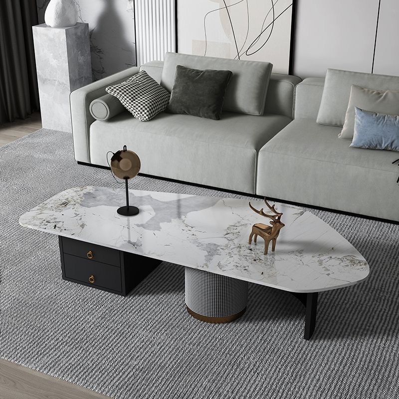 Modern Style White/grey Slate Top Metal Base with Drawer Free Shape Coffee Table
