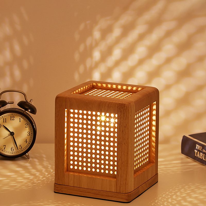 Square Shade Nightstand Lampe Contemporary Wood 1 Bulbe Livre LIVRE LEUR EN BEIGE