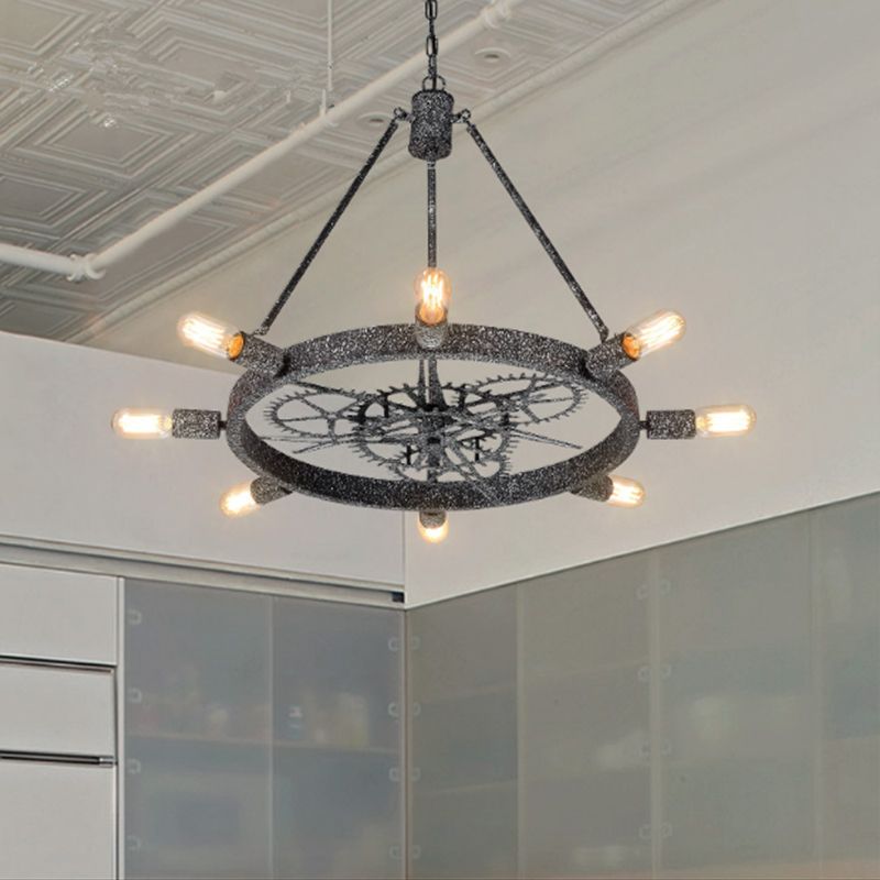 7/8 Bulbs Iron Hanging Chandelier Industrial Black/Silver Gear Wheel Dining Table Suspended Lighting Fixture with Exposed Bulb Design