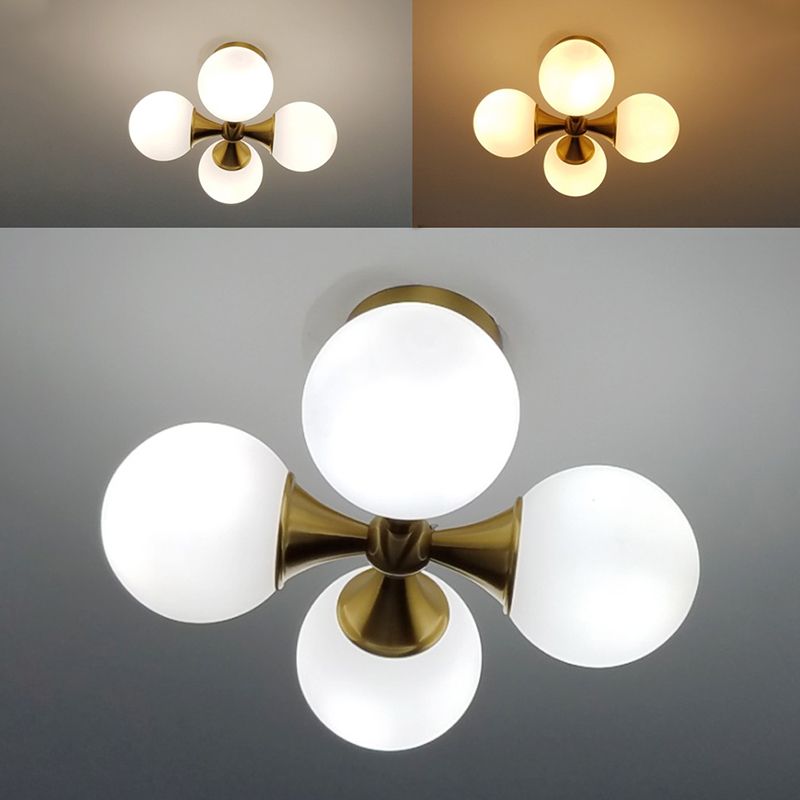 4-Lights White Globe Glass Ceiling Light 16.5" Wide Nordic Style Minimalism Brass Semi Flush Mount Lamp