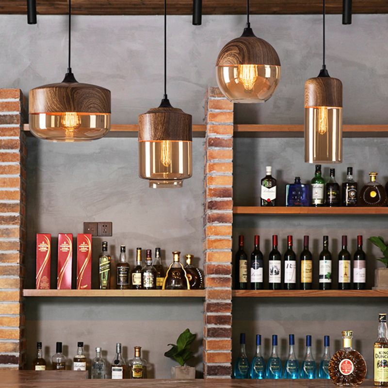 La lampe suspension de la suspension nordique en bois nordique 1-Light Light avec une teinte en verre géométrique