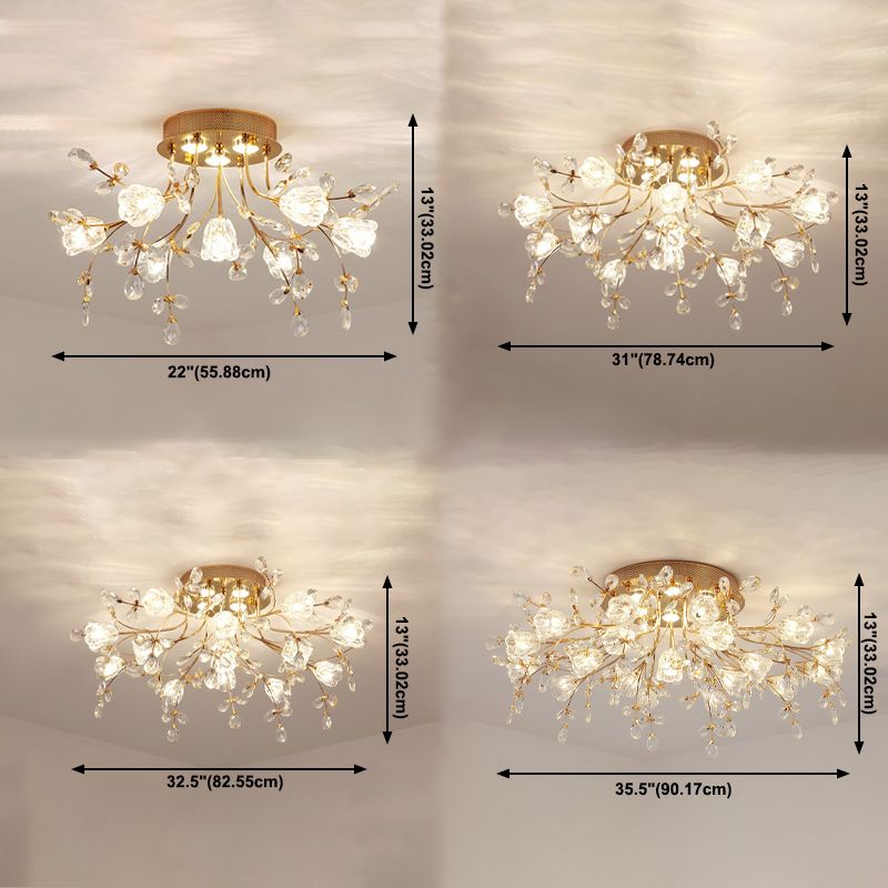 Contemporary Flower-Shaped Flush Light Crystal Flush Mount Ceiling Fixture in Gold