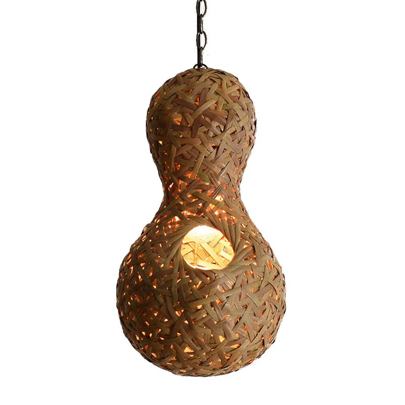 1 Bulb Restaurant Ceiling Lamp Asia Beige Pendant Light Fixture with Gourd Bamboo Shade