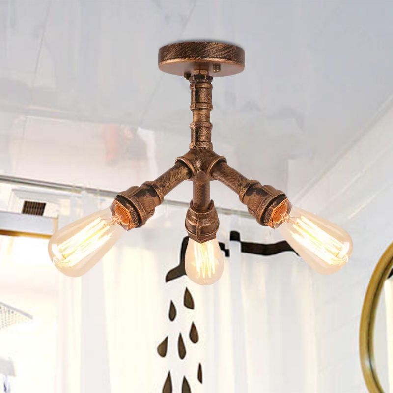 3-Light Ceiling Light with Pipe Metallic Shade Steampunk Living Room Semi Flush Light in Aged Bronze