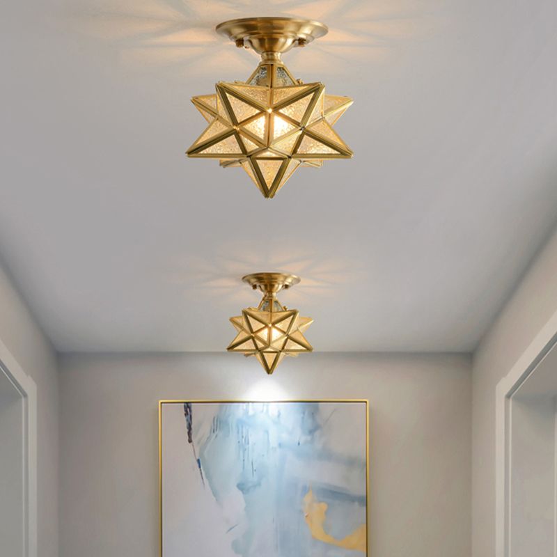Star Glass Semi-Flush Ceiling Light Vintage Aisle Ceiling Flush Mount in Brass