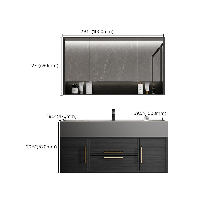 Glam Wall Mount Sink Vanity Black Quartz Single-Sink Rectangular Vanity Set