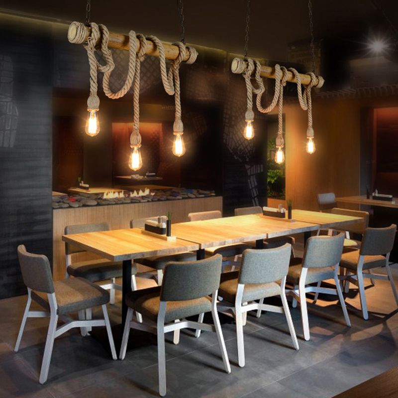 Bamboo 3 / 6 - Light Island Light Industrial Ceiling Pendant with Hemp Rope