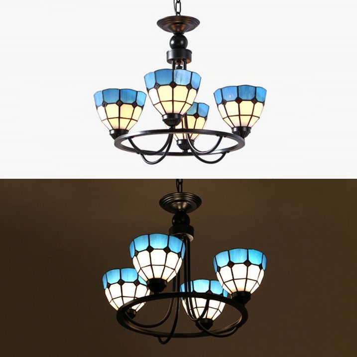 Blue Glass Bowl Ceiling Hanging Light 4 Lights Mediterranean Chandelier Lamp for Bedroom