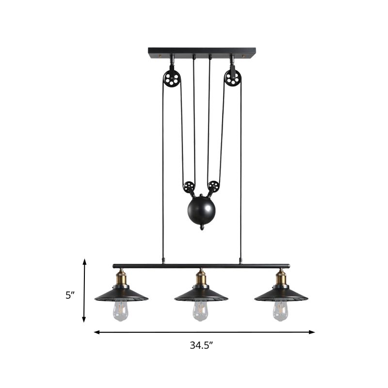 Saucer Foyer Island Lighting Style industriel Metal 3 lumières Black suspension de plafond avec poulie
