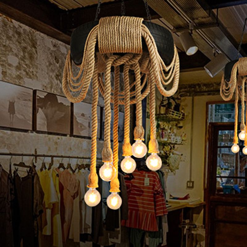 6 Lights Bare Bulb Pendant Chandelier Industrial Beige Rope Ceiling Lamp with Tyre Design