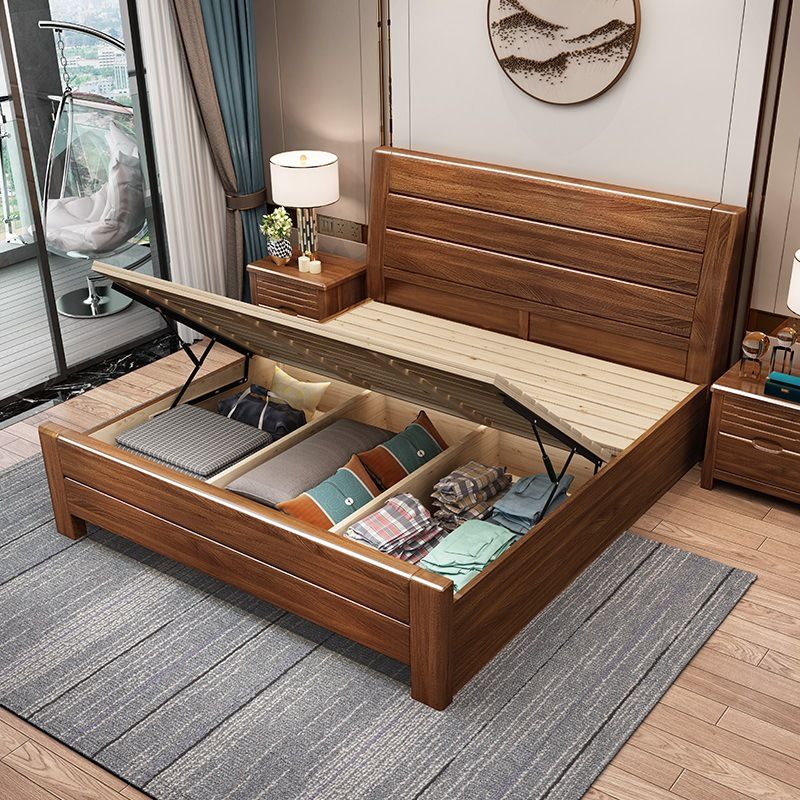 Mid-Century Modern Standard Bed Walnut Panel Bed with Headboard