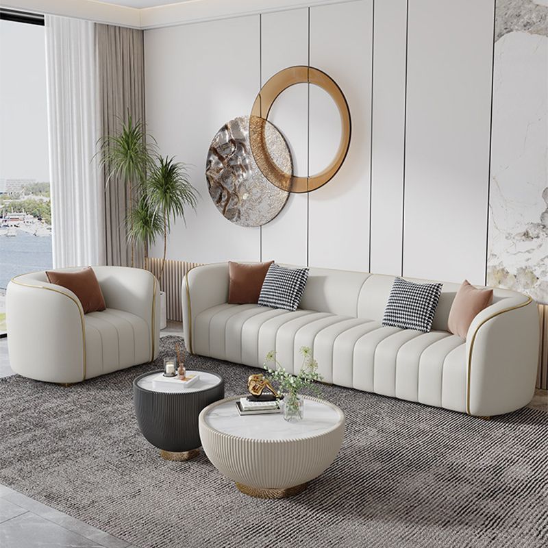 Genuine Leather Sloped Arm Sofa Modern Beige Sofa with Pillows