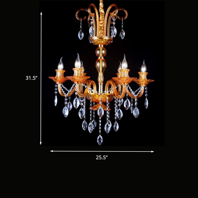 Gold Candle Chandelier Lighting Traditional Prism Glass 6 Heads Dining Room Hanging Lamp with Crystal Drip