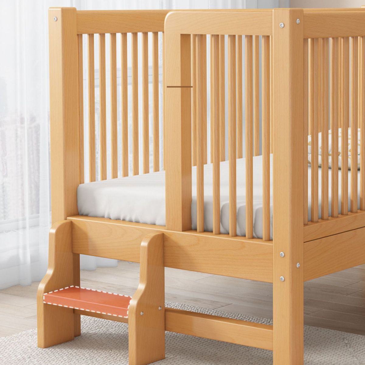 Scandinavian Beech Wood Nursery Bed Natural Nursery Crib with Guardrail