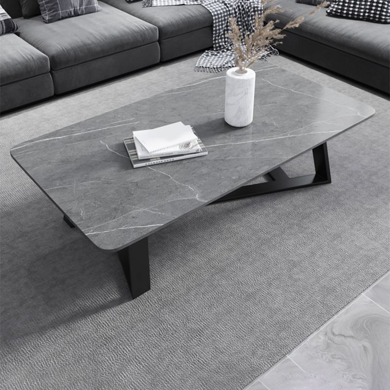 Glam Rectangle Stone Top Cocktail Table with Black Iron Cross Leg
