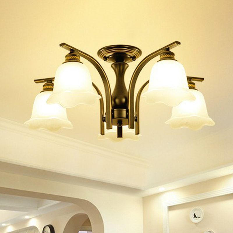 Rustic Ruffled Semi Flush Light Cream Glass Flush Mount Ceiling Chandelier for Living Room