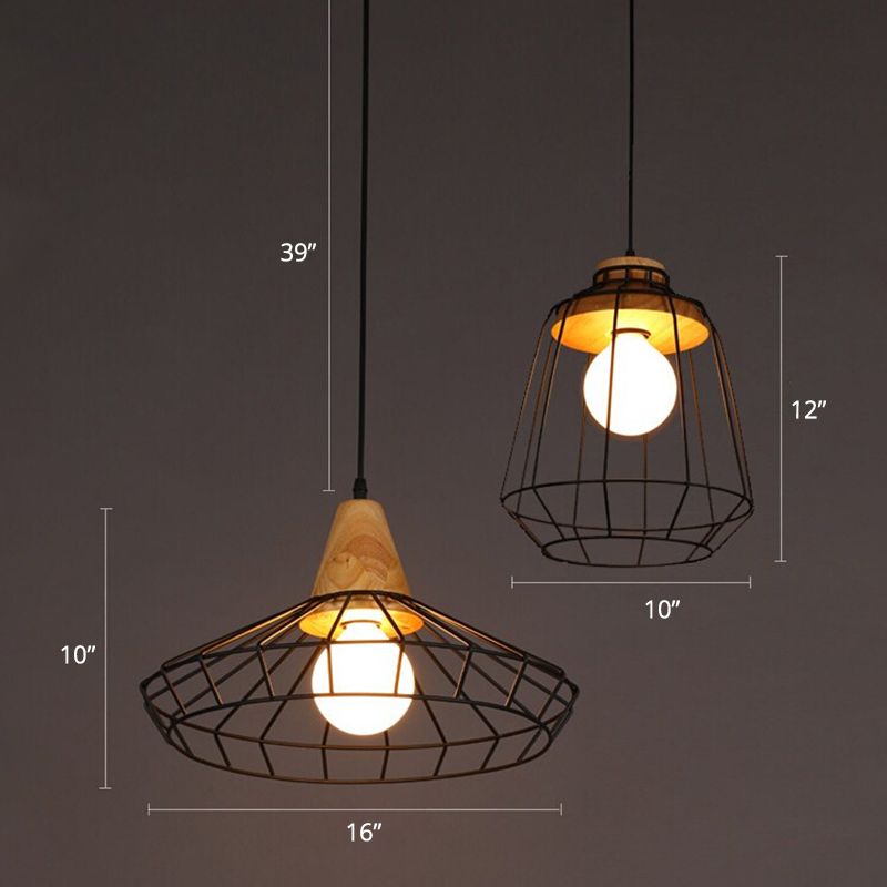 Lampada sospesa in gabbia a 1 luce Rustico in metallo in metallo illuminazione a sospensione commerciale con presa in legno