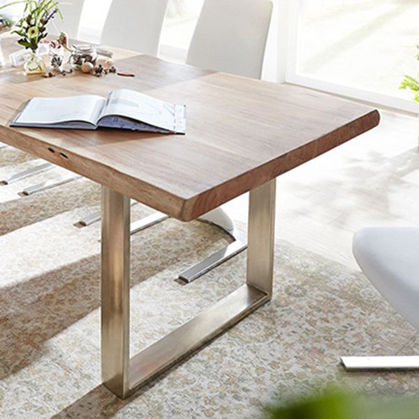 Modern Pine Wood Table for Restaurant Rectangle Dining Table with Silver Double Pedestal
