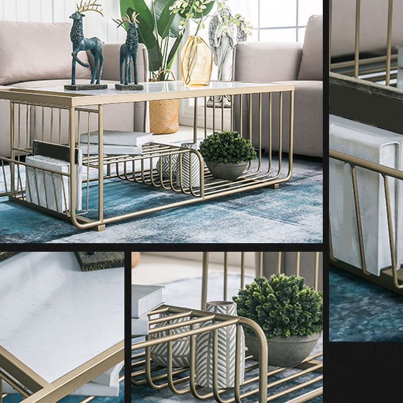 Glam Rectangle Coffee Table with 3 Shelves and Marble Top Cocktail Table