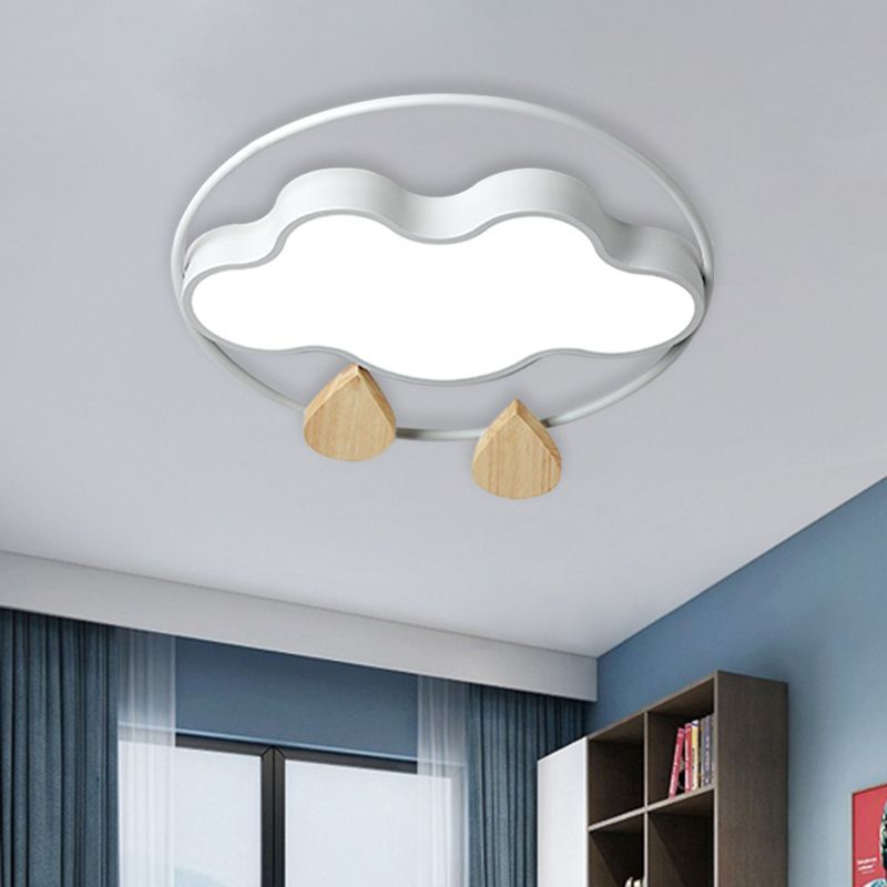 Cloud Bedroom Ceiling Lighting Acrylic LED Simplicity Flush Mount with Wood Raindrop in Grey/White/Green