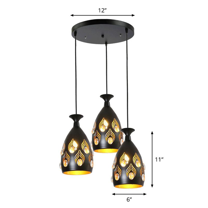 Cup Shaped Metal Cluster Pendant Light Artistic 3 Heads Black Hollowed-out Ceiling Lamp with Inserted Crystals