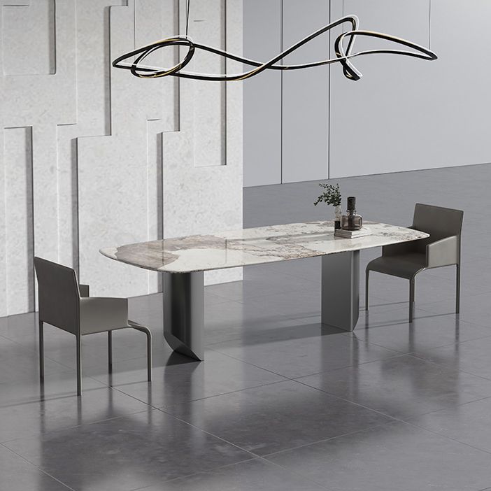Metal Contemporary Rectangular Dining Table Sintered Stone Table with Double Pedestal