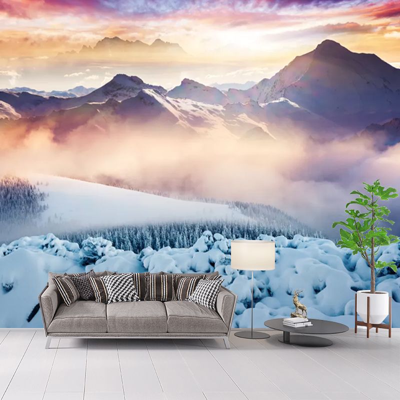 Modern Foggy Snow Mountain Mural for Living Room Custom Wall Decor in Orange-Blue
