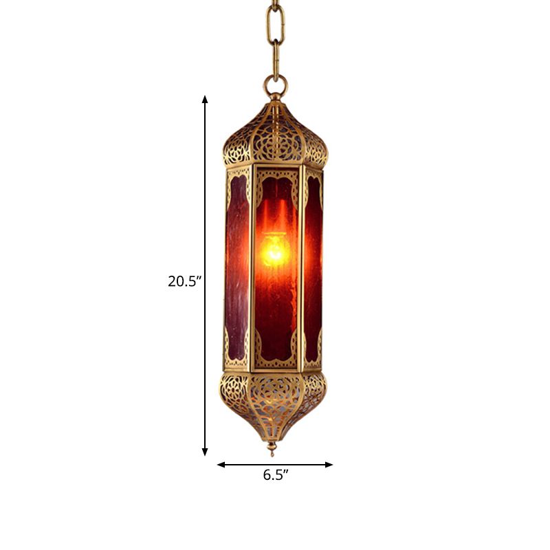 Arabian Lantern Hanging Lamp 1-Bulb Red Glass Suspension Light in Brass with Cutout Design