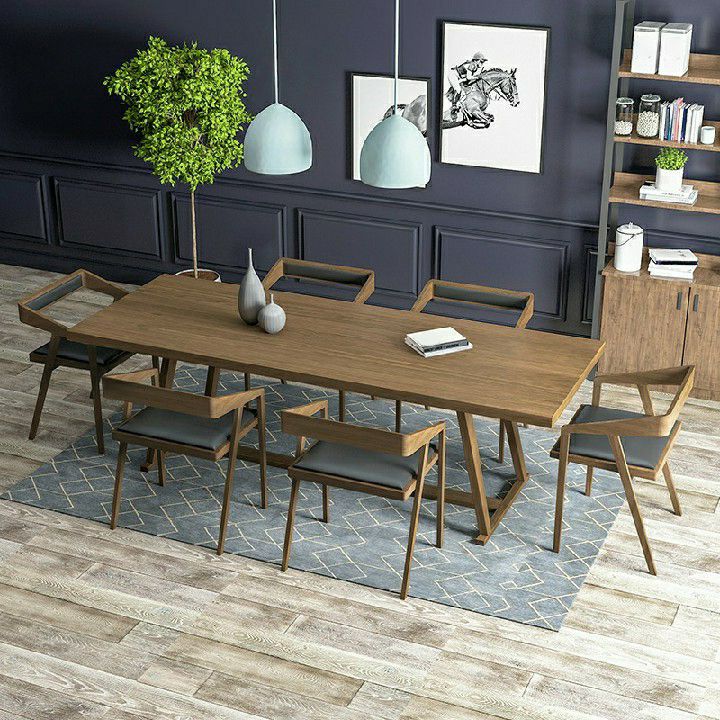 Solid Wood Contemporary Rectangular Dining Table Pine Wood Top Table with Trestle Base