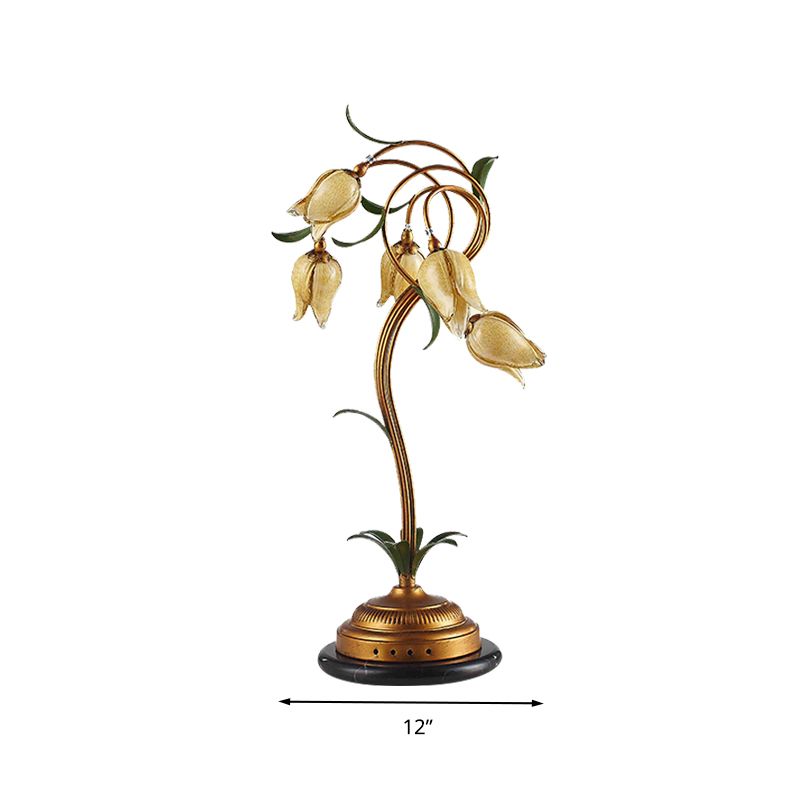 5 Lights Night Table Light Traditional Tulip-Shaped Beige Glass Nightstand Lamp in Brass